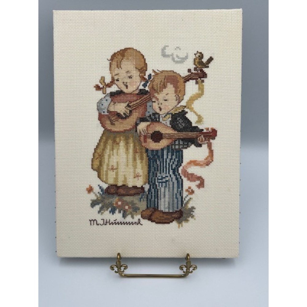 MJ Hummel Vintage Cross Stitch Unframed Art Singing Children Lute 9x12